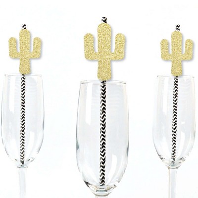 Big Dot of Happiness Gold Glitter Cactus Party Straws - No-Mess Real Gold Glitter Cut-Outs & Decorative Christmas Cactus Party Paper Straws - 24 Ct