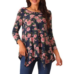 Seta T Women's Scoop Neck 3/4 Sleeve Asymmetrical Hem Floral Tunic Blouse Tops with Pockets - 1 of 4