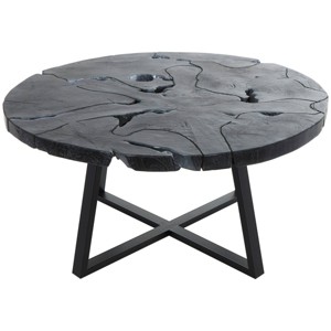 Olivia & May Teak Wood Geometric Handmade Live Edge Coffee Table with Black Metal Base Black: Modern No Assembly Round Table - 1 of 4