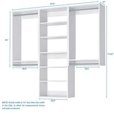 White 64.5" Wide Modular Closet Kit with Shelves and Hanging Rods