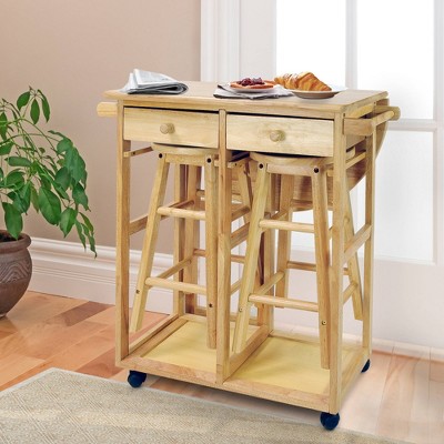3 Piece Breakfast Cart Set with 2 Stools Wood/Natural