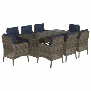 vidaXL 9-Piece Patio Dining Set - Poly Rattan and Tempered Glass Table with Cushions, Gray/Blue, Outdoor/Garden Furniture - 1 of 4