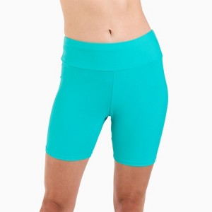 Calypsa Women's Plus Size Chlorine Resistant High Waisted Mid-Thigh Swim Shorts - 1 of 4