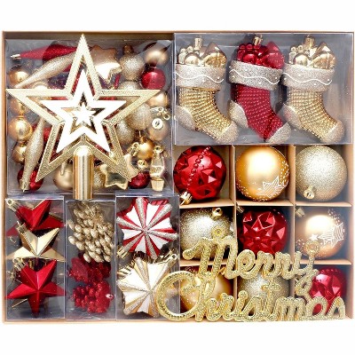 70 Pcs Christmas Ball Ornaments Set, Hanging Assortment Set, Merry Christmas Sign & Tree Toppers, Xmas Indoor Outdoor Party Home Decor, Red/Gold