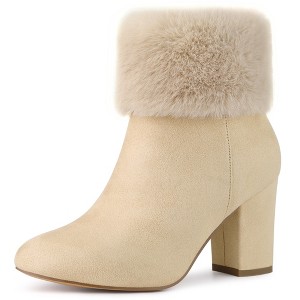 Allegra K Women's Side Zipper Cute Round Toe Faux Fur Chunky Heel Ankle Boots - 1 of 4