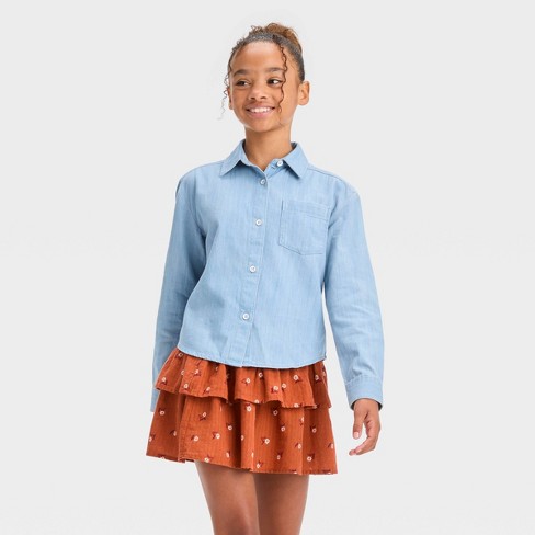 Girls' Long Sleeve Button-down Denim Shirt - Art Class™ Light Indigo Blue :  Target