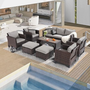Sonkuki 8-Piece Patio Conversation Set with Ottoman and Side Table, Navy Blue Cushion - 1 of 4