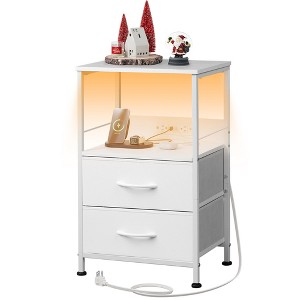 NightStand with Charging Station, LED Bedside Table with 2 Fabric Drawers, Storage Shelf, 3 USB Ports and 2 Outlets - 1 of 4