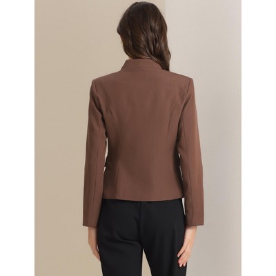 Allegra K Women's Stand Collar Long Sleeve Button Blazer Medium Brown — фото 3
