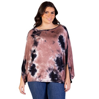 24seven Comfort Apparel Plus Size Mocha Tie Dye Batwing Sleeve Relaxed Fit Top