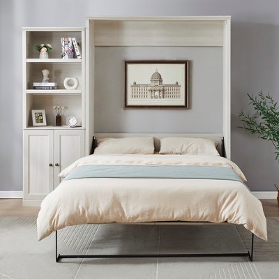 Queen Size Murphy Bed Wall Bed with Side Cabinet, Space-Saving Bed Perfect for Guest Room, Bed Room, Home Office, Rustic White/Brown -ModernLuxe