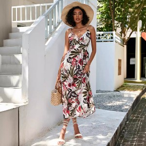 knee length dresses for ladies Magee Floral Cabana Flowy Maxi Dress WHT-BLUE-MULTI / S by Sugarlips main image 0