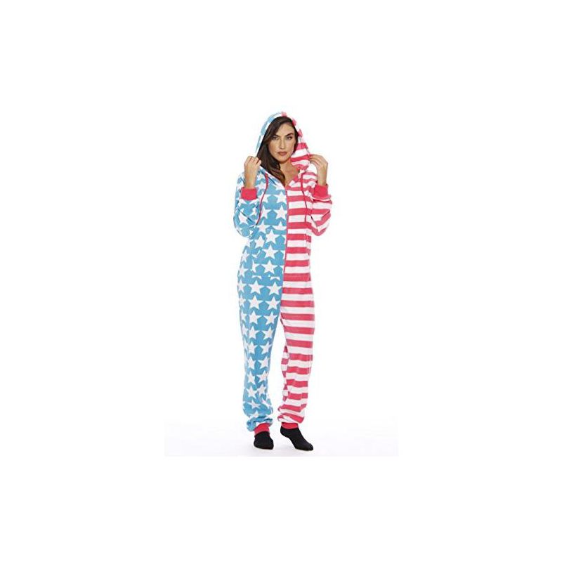 #followme Womens One Piece American Flag Adult Onesie Hooded Pajamas - Red, White, & Blue, 1 of 2
