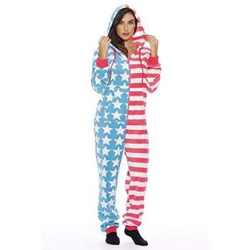 #followme Womens One Piece American Flag Adult Onesie Hooded Pajamas - Red, White, & Blue