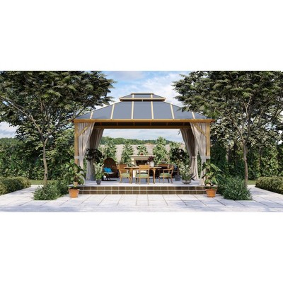 12x14ft Faux Wood Aluminum Hardtop Gazebo with Curtains