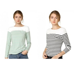 Allegra K Women's Color Block Round Neck Long Sleeves Striped Basic T-Shirt 2 Packs - 1 of 4