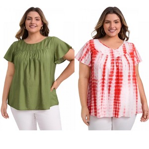 GRACE & GRANDEUR Women's Plus Size 2 Pcs Set Toothpick Pleated Texture Tops and V Neck Ruffle Tie Dye T-shirt - 1 of 4