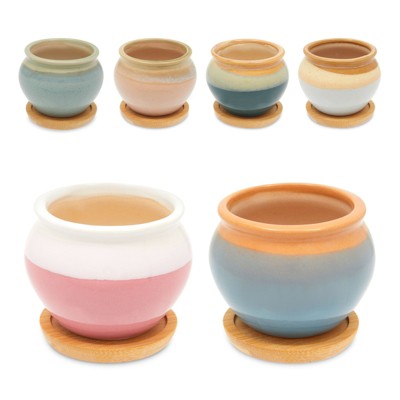 Okuna Outpost Set of 6 Mini Ceramic Planter Pots for Indoor & Outdoor Succulents Plants with Bamboo Drainage Tray
