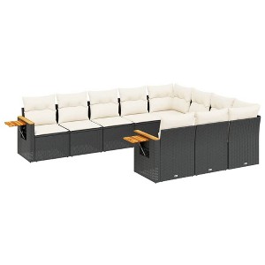 vidaXL 10 Piece Patio Sofa Set with Cushions Black Poly Rattan - Black and Cream Without Table - 1 of 4