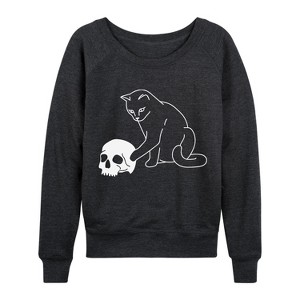 Women's - Instant Message - Cat Playing with Skull Lightweight French Terry Wide Neck Long Sleeve Graphic Shirt - 1 of 4