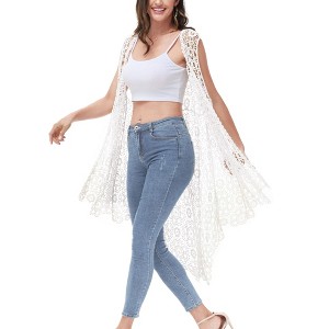 Anna-Kaci Swim Women's Boho Crochet Long Vest Top Sleeveless Lace Cardigan Duster Swimwear Cover Ups - 1 of 4