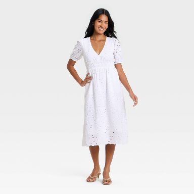 Women's Puff Elbow Sleeve Eyelet Midi Empire Waist Dress - A New Day™ White XS