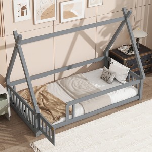 Whisen Full Tent-shaped Floor Bed with Guardrails & Door - 1 of 4