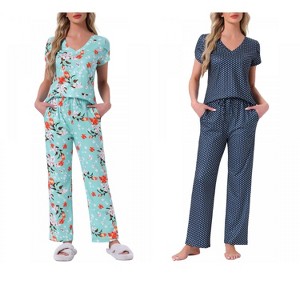 INSPIRE CHIC Women's 2 Pcs Short-Sleeve V-neck Tee & Drawstring Pants Pajama Sets with Pockets - 1 of 4