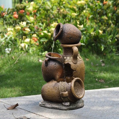 Rustic Brown Resin Tiered Urns Outdoor Fountain with LED Lights
