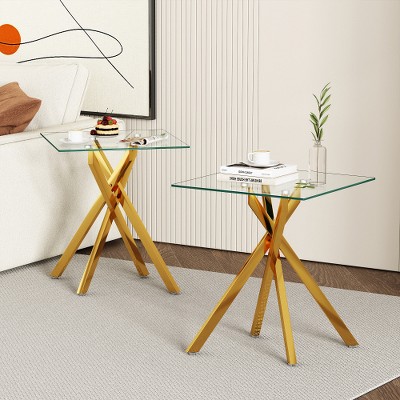 Dolonm 17.72" Square Clear Tempered Glass End Table,Stylish Design with Golden Metal Legs, Side Table for Living Room, 2 pcs