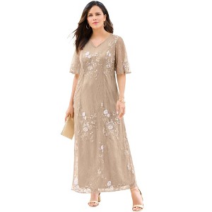 Roaman's V Neck Embellished Lace Gown - 1 of 4