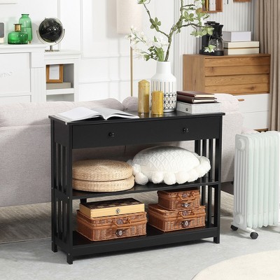 Grungis Narrow Console Table with Storage Slatted Shelf,Farmhouse Rustic Entryway Table with Anti-Tipper,Console Table for Living Room