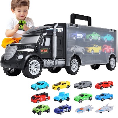 Skirfy Carrier Truck Toys for ages 3+, Portable & Double Side Storage Toy with 12 Race Cars, black
