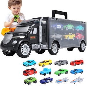 Skirfy Carrier Truck Toys for ages 3+, Portable & Double Side Storage Toy with 12 Race Cars, black - 1 of 4