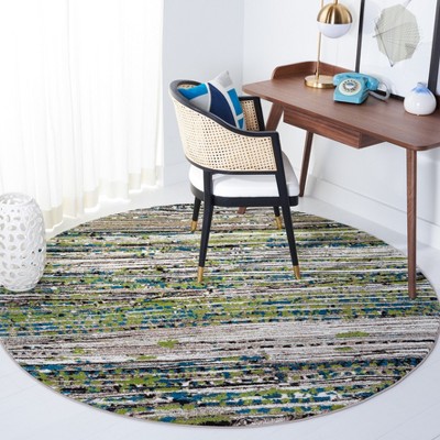 Cream and Green Round Floral Synthetic Area Rug