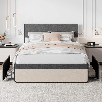 King Size Bed Frame, Heavy Duty Metal Platform Bed Frame with Wood Headboard, Full Bed Frame with Under Bed Storage Space and Solid Slat Support