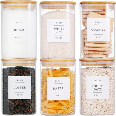6-Pack Square Glass Canisters with Bamboo Lids & Pantry Labels, 35oz