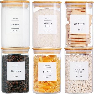 6-Pack Square Glass Canisters with Bamboo Lids & Pantry Labels, 35oz - 1 of 4