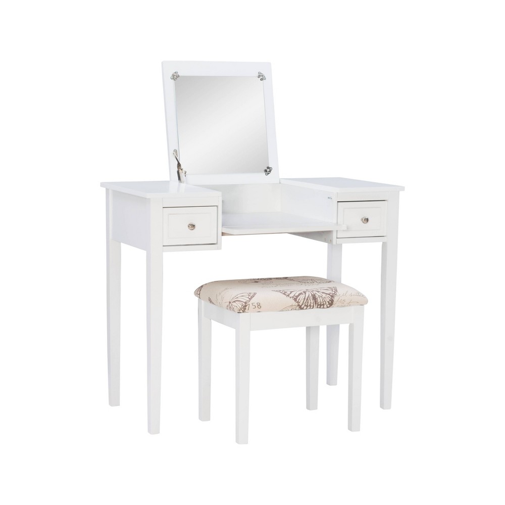 Traditional Wood Flip Up Mirror Drop Drawer Butterfly Vanity and Stool White - Linon: Rubberwood, MDF Composite, Painted Finish