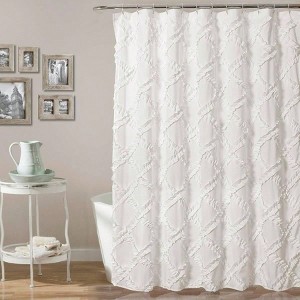 Ruffle Diamond Shower Curtain 72L White - Vintage Farmhouse Bathroom Curtain - 1 of 4