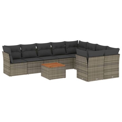 vidaXL 10 Piece Patio Sofa Set with Cushions Gray Poly Rattan - 4x Corner 5x Middle Table