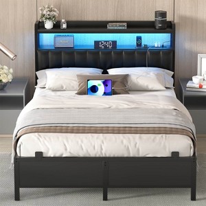 Besiost Bed Frame with Upholstered Storage Headboard, Bedframe with Charging Station and LED Light - 1 of 4