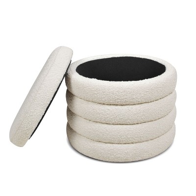 Ivory White 19" Round Boucle Storage Ottoman