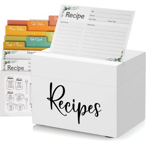 Recipe Box, Wooden Recipe Organizer, Black Holder with 50 Recipe Cards 4"x6" & 6 Dividers, Book for Your Recipes - 1 of 4
