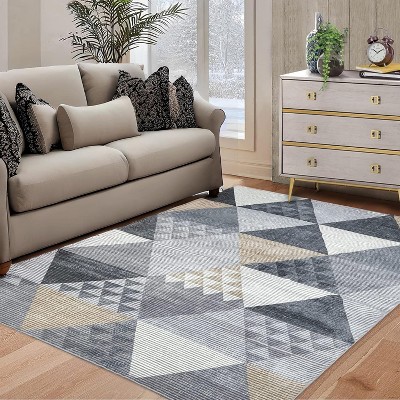 Geometric Area Rug, Washable Non-Slip Modern Carpet, Multi-Color Distressed Low Pile Rug for Kitchen, Bedroom