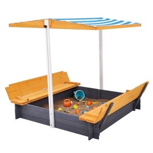 Wooden Sandbox with Adjustable Canopy, Foldable Bench Seats & Bottom Liner for Kids Outdoor Play - 1 of 4