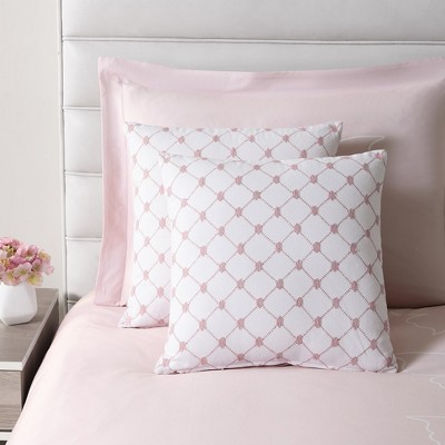 Pink and White Embroidered Cotton Square Throw Pillow