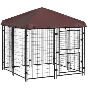 PawHut 4.6' x 5' Outdoor Dog Kennel with Waterproof Canopy, Dog Playpen for Small and Medium-Sized Dogs with Two Part Door Design, Brown