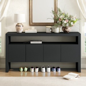 Black Modern Storage Cabinet with Doors and Open Shelf, Natural Wood Finish Sideboard Console for Living Room, Entryway or Hallway-Maison Boucle - 1 of 4