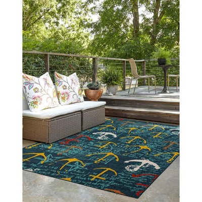 Navy Blue Coastal Nautical Anchors 2' x 3' Outdoor Rug